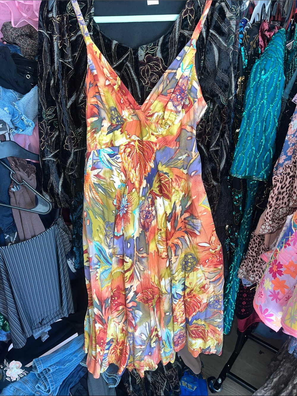 Jams World Tropical flowy Floral V-Neck Midi Dress - Orange, Yellow, Blue